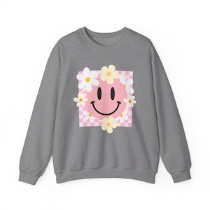 Smiley Face Checkered Crewneck Sweatshirt, Pastel Pink Floral Jumper, Cute Flower Patterned Pullover, Unisex Sweatshirt for All Ages, Comfy