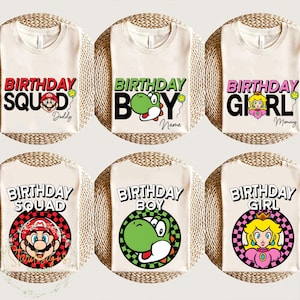 Two-Sided Custom Mario Birthday Boy Characters Shirt, Mario Checkered Birthday Girl Character Shirt, Mario Family Shirt