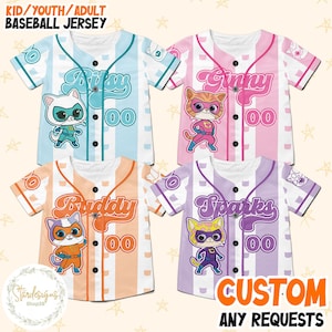Personalized Disney Super Kitties Baseball Jerseys, Disney Super Kitties Ginny Sparks Buddy Bitsy Birthday Girl Jerseys Disney Cat Shirt