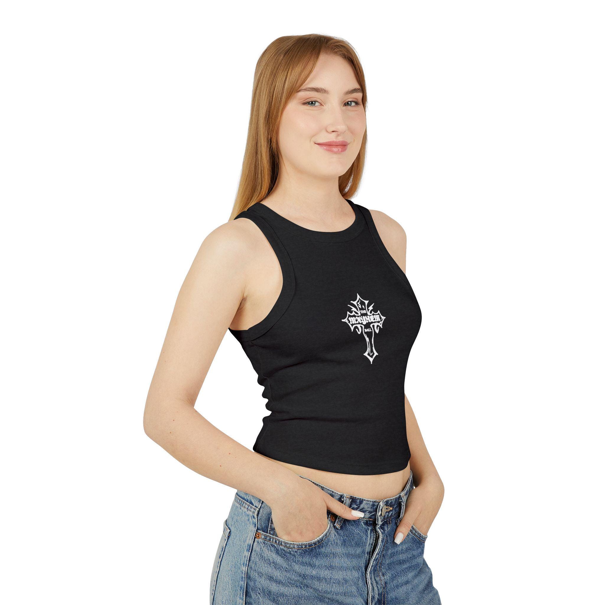 Mayhem Ball Racerback Tank Top: Mayhem Cross Design With Tour
