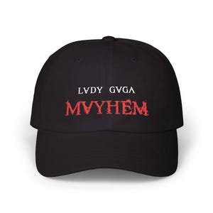 Mayhem Red Gothic Cross Font Classic Dad Cap, Gift for Little Monster, Mayhem Ball Cap, Pop Music Tour Accessory, Lady Mayhem Cap