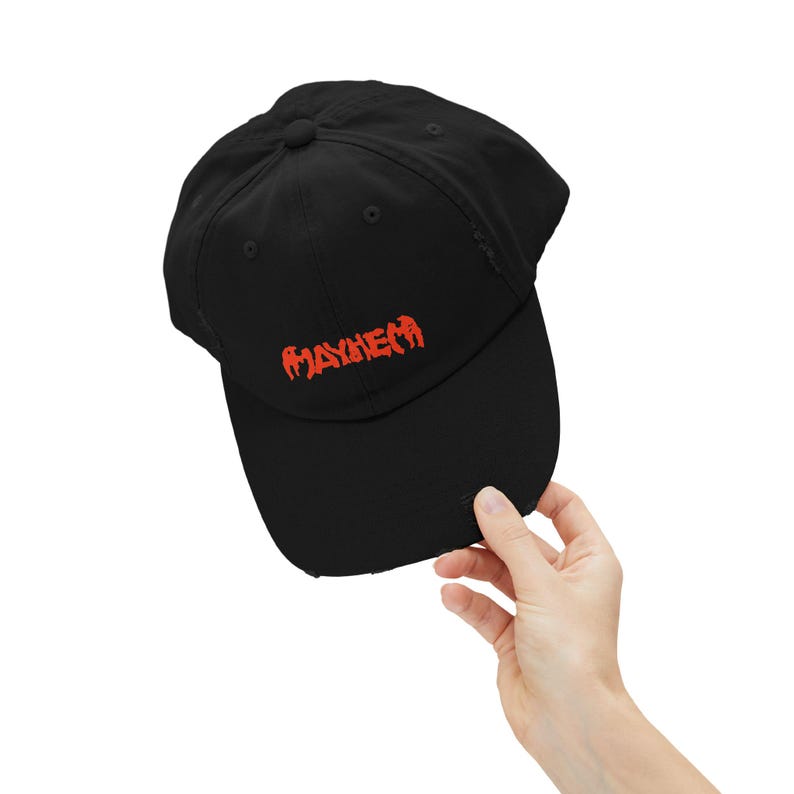 Gorra desgastada con fuente naranja Mayhem: ropa urbana de moda, gorra para festivales de música imagen 3