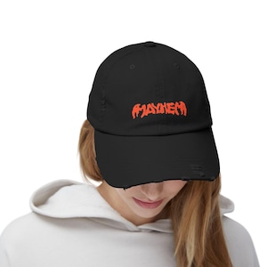 Gorra desgastada con fuente naranja Mayhem: ropa urbana de moda, gorra para festivales de música imagen 5