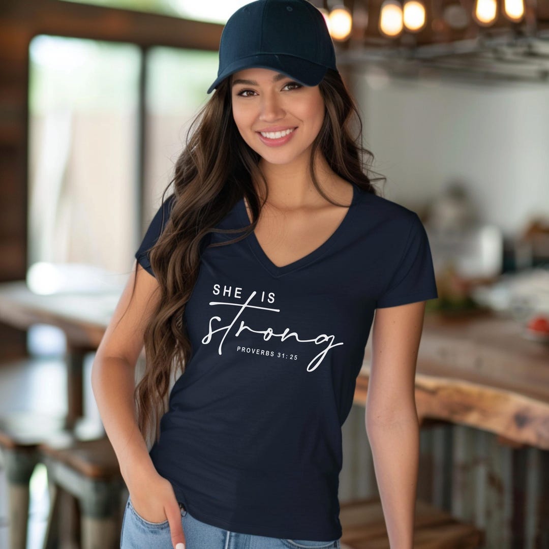 She is Strong V-neck Tee: Christian Women's Proverbs Shirt - Etsy