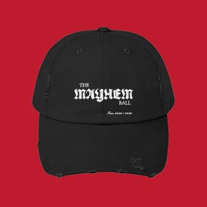 Mayhem Ball White Font Distressed Cap, Mayhem Tour Adjustable Cap, Little Monster Gift, Unisex Cap, Trendy Streetwear Hat, Pop Music Cap