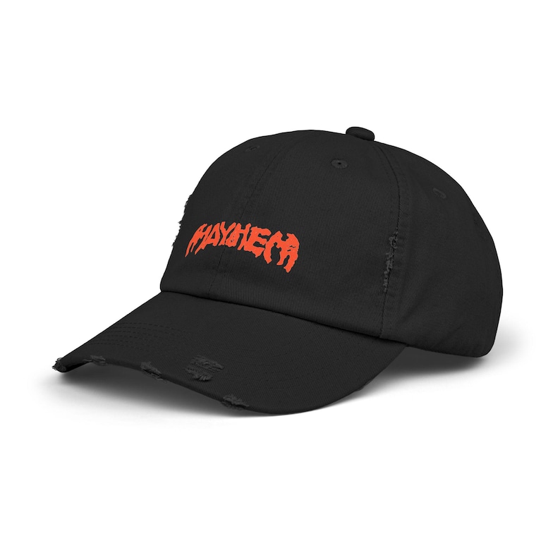 Gorra desgastada con fuente naranja Mayhem: ropa urbana de moda, gorra para festivales de música imagen 4