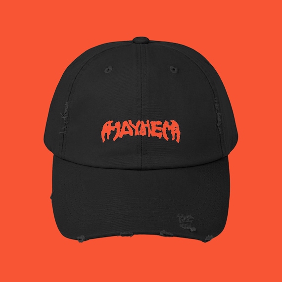 Mayhem Orange Font Distressed Cap: Trendy Streetwear, Music Festival Hat