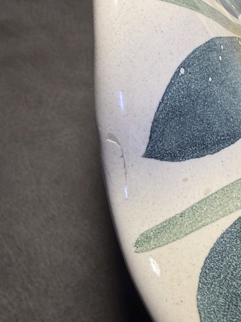 Op de afbeelding: Close-up van een keramisch object met een wit gespikkeld oppervlak. Het ontwerp bevat teal en groene bladachtige patronen. Een kleine chip is zichtbaar op de rand van het object.