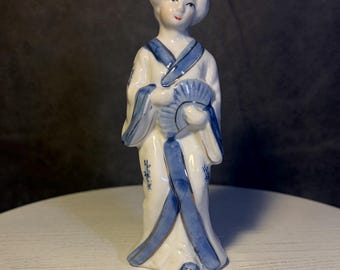 Vintage Japanese 6” Porcelain Geisha Woman Figurine Blue White Kimono Fan Figure