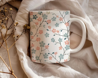 Blommig kaffemugg - Vintage blommig mugg - Estetisk keramisk tekopp - Cottagecore-present till henne - Söt vårmugg - Botanisk kaffekopp