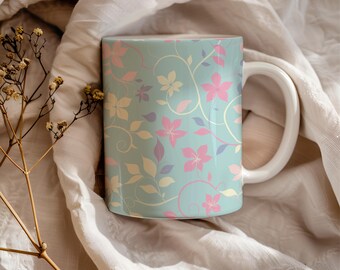 Pastel Floral Coffee Mug, Butterfly Tea Cup, Cottagecore Aesthetic Mug, Feminine Coffee Gift for Her, Boho Flower Coffee Cup, Spring Mug