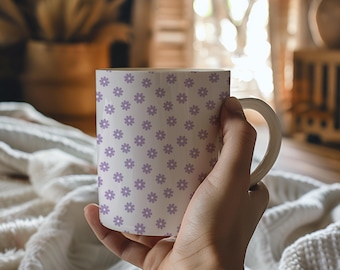 Minimalist Purple Floral Mug - Cute Aesthetic Daisy Coffee Cup - Cottagecore Gift for Her - Cozy Tea Mug - Lavender Boho Pattern Mug
