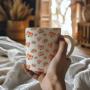 Adorable Fox Pattern Mug, Cute Woodland Animal Coffee Cup, Cozy Fox Lover Gift, Aesthetic Fox Print Mug, Forest Wildlife Tea Cup