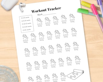 May include: A white Workout Tracker sheet with a month section, workout duration options, and spaces for daily activity tracking. Features illustrations of sneakers, water droplets, dumbbells, and a yoga mat. Colorful pens and wireless earbuds are also visible.