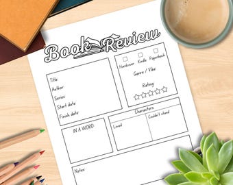 Mall för utskrivbar bokrecension: Lässpårare och boklogg, PDF-målarbok för läsare (A4/US Letter)