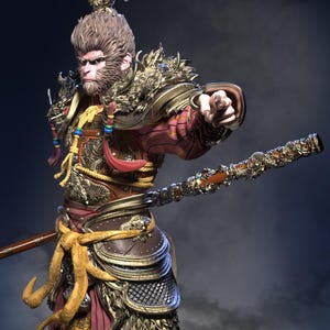 May include: A detailed figurine of a monkey warrior wearing ornate gold armor with red and yellow accents. The monkey is holding a staff and has a fierce expression on its face.
