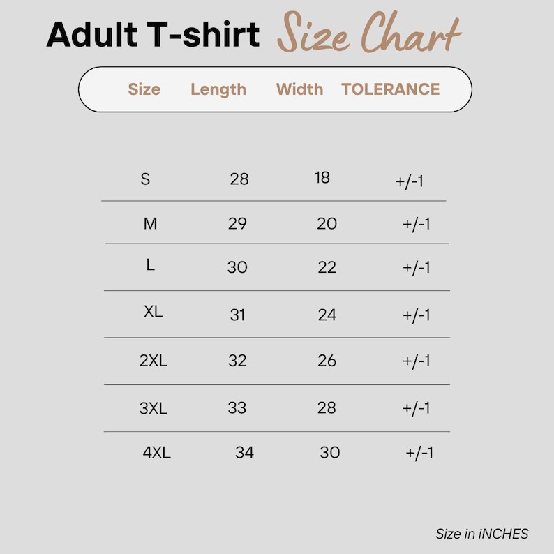 the size chart for the adult t - shirt