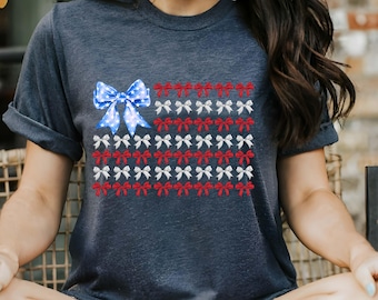 Coquette 4th Of July Shirt, American Flag Coquette Bow T-shirt, Red White Blue Bows Shirt, Independence Day Tee, USA Shirt, American Flag