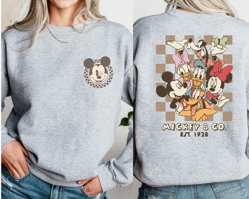 Vintage Mickey Checkered Sweatshirt, Mickey And Friends Two Sided Hoodie, Disney Vacation Sweatshirt, Disney World Family Matching Hoodie