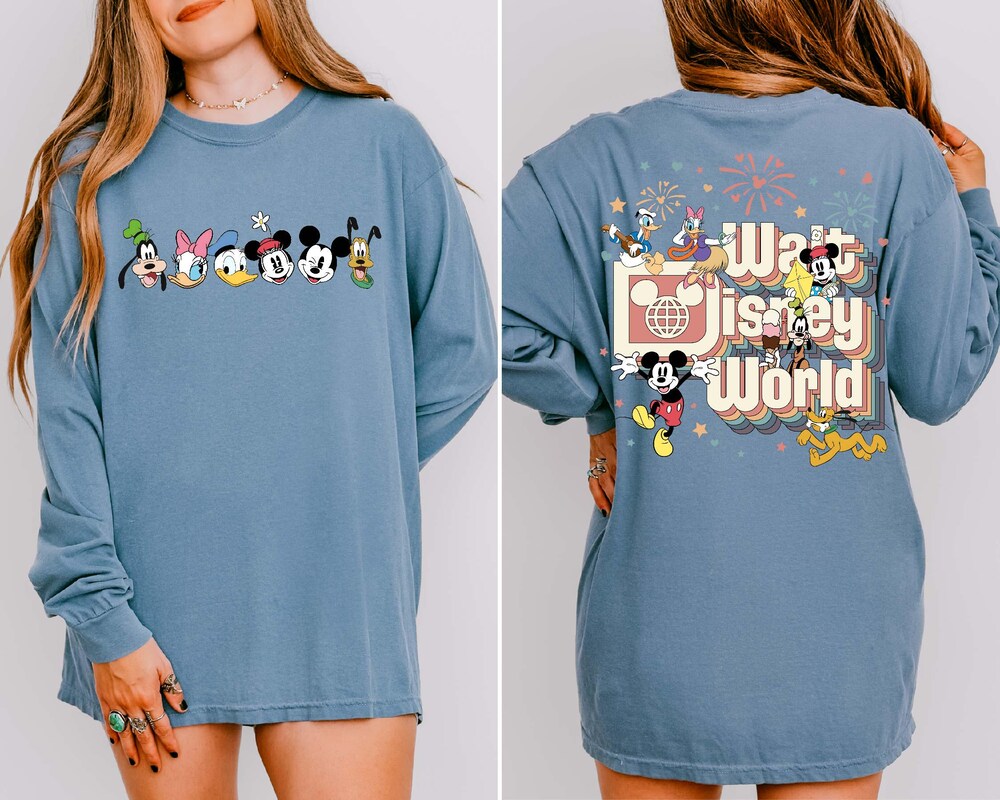 Comfort Retro Walt Disney World Two Sided Long Sleeve Shirt, Mickey And Friends , Magic Kingdom Long Sleeve, Disneyworld Long Sleeve