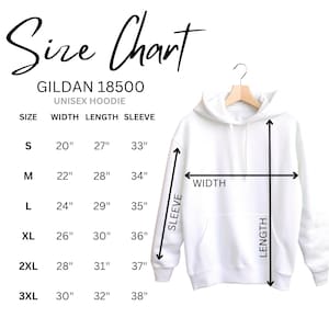a white hoodie with measurements for the size chart
