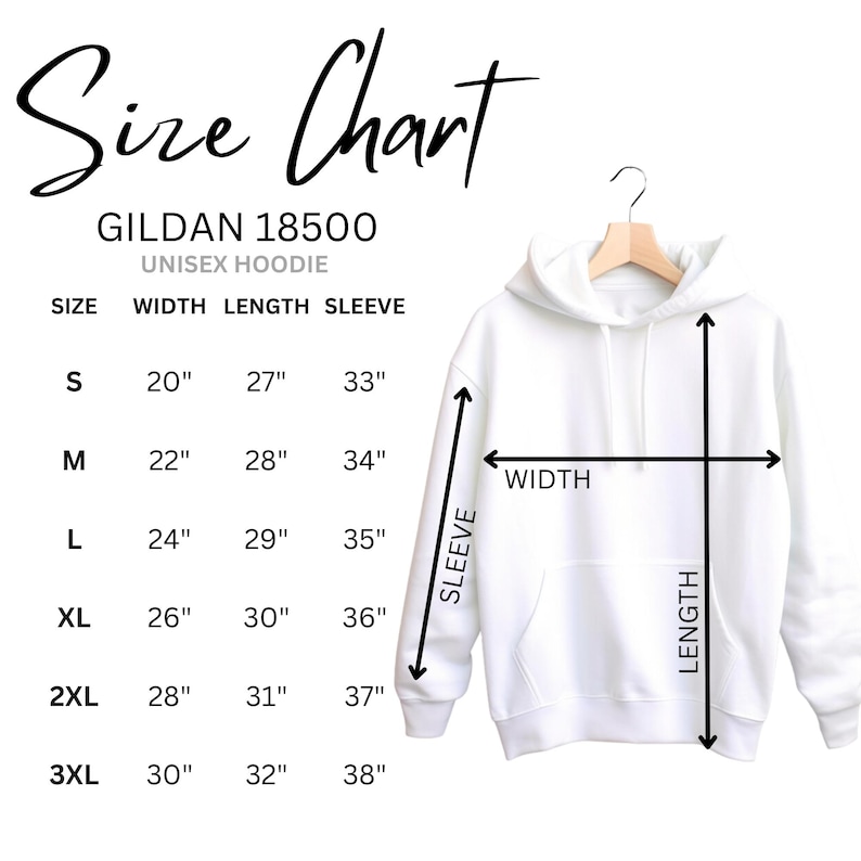 a white hoodie with measurements for the size chart