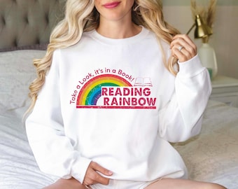 Reading Rainbow Sweatshirt, Retro Librarian Crewneck, Teacher Appreciation Sweatshirt, Retro Rainbow School Sweatshirt, Book Lover Gift