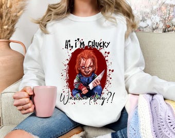 Comfort Colors Chucky Sweatshirt, Wanna Play Horror Movie Pullover