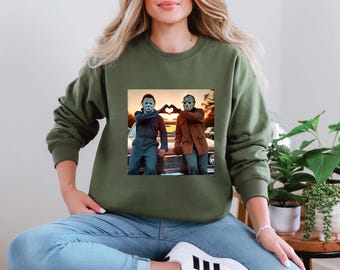 Horror Movies Characters Sweatshirt, 90s Horror Movie Hoodie, Michael and Jason Heart Hands Pullover, Horror Halloween Gifts Crewneck
