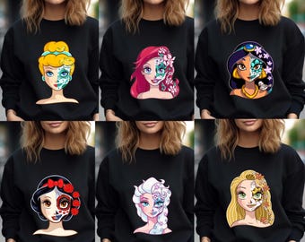 Halloween Disney Princess Skull Sweatshirt, Dia De Los Muertos Pullover, Mexican Halloween Crewneck, Matching Princess Hoodie