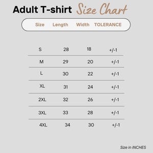 the size chart for the adult t - shirt