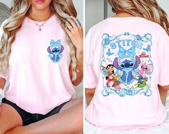 Two sided Disney Stitch Bow Shirt, Comfort Colors® Stitch And Lilo Coquette Bow Shirt, Magic Kingdom Shirt, Disneyworld T-shirt, Stitch Gif