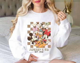 Retro Mickey & Co 1928 Checkered Sweatshirt, Disneyland Sweater, Disneyworld Sweatshirt, Mickey And Friends Family Hoodie, Disney Gift