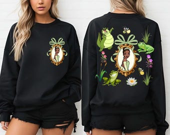 Vintage Tiana Coquette Two sided Sweatshirt, Tiana And Frog Bow Sweatshirt, WDW Disney Princess Hoodie, Disney Tiana Sweatshirt