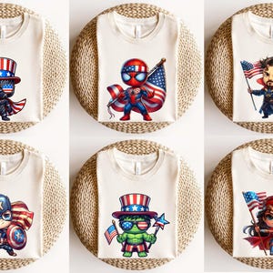 May include: Six white t-shirts with different superhero characters wearing a red, white, and blue Uncle Sam hat and holding an American flag. The characters include Spiderman, Captain America, Hulk, Wonder Woman, Black Panther, and Doctor Strange.
