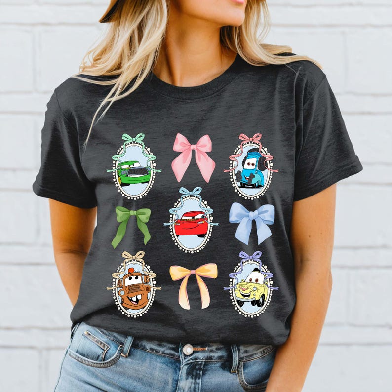 Coquette Bows Watercolor Disney Cars Shirt, Pixar Cars T-shirt, Lightning McQueen and Tow Mater Tees, Disneyland Family Matching 2025 Trip