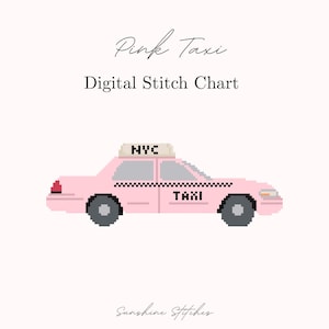 Può includere: Un diagramma di punto croce digitale con un taxi rosa pixelato con la scritta "TAXI" sul lato e "NYC" in cima. Il testo "Pink Taxi" e "Digital Stitch Chart" sono sopra l'auto, con "Sunshine Stitches" sotto.
