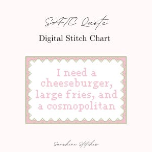 Può includere: Schema di punto croce digitale con la scritta "I need a cheeseburger, large fries, and a cosmopolitan" in lettere pixelate rosa. Il testo è all'interno di un bordo pixelato rosa e verde. Le parole "SATC Quote" e "Digital Stitch Chart" sono sopra.