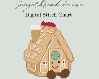 May include: A digital stitch chart featuring a pixelated gingerbread house with a smiling face, a chimney, and a red roof. The text "Gingerbread House Digital Stitch Chart" is at the top, with "Sunshine Stitches" at the bottom.
