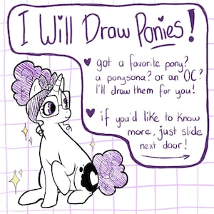 Puede incluir: Un pony de dibujos animados con una melena y cola moradas que lleva gafas y una diadema. El pony está sentado sobre un fondo a cuadros con un globo de diálogo que dice "¡Dibujaré ponis!" e incluye información sobre el dibujo de ponis, ponymasonas y OC.