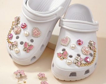 20 Pcs Pink Butterfly Heart Flower Shoe Charms for Clog, Shoes, Pearl Rhinestone Shoe Accessories, Cute Gift for Girls Birthday , Christmas