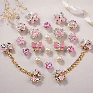 20PCS Pink Shoe Charms – Butterfly & Flower Bling with Pearls , Gems – DIY Decorations for Women’s Shoes, Party Favors , Gifts