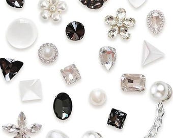 17PCS Black & White Bling Shoe Charms – Elegant Rhinestone, Pearl , Gem Decorations for Women’s Shoes, DIY Shoe Accessories, Party Favors