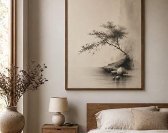 Zen Wall Art Printable | Japanese Ink Wash Landscape | Sumi-e Lone Tree Print | Minimalist Japandi Decor | Digital Download