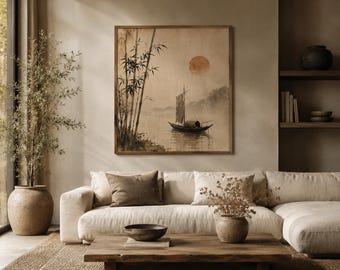 Japanese Bamboo Boat Wall Art Printable | Wabi Sabi Landscape Print | Zen Decor | Neutral Asian Art | Digital Download