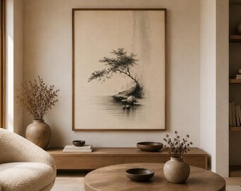 Japanese Ink Wash Tree Print | Minimalist Landscape Wall Art (Digital Download)