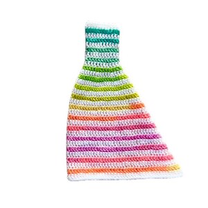 K&ouml;nnte beinhalten: Eine bunte H&auml;kelm&uuml;tze mit Streifen in Gr&uuml;n, Gelb, Orange, Rosa und Wei&szlig;.
