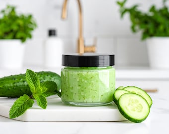 May include: A glass jar with a black lid filled with a green, textured product. Beside it are cucumber slices, a whole cucumber, and mint leaves. The items are on a white surface, suggesting a skincare or spa product.