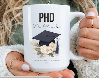 Personalized PhD Graduation Mug, Floral Doctor Grad Gift