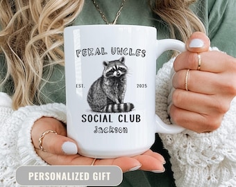 Personalized Feral Uncles Mug, Custom Raccoon Coffee Cup, Funny Social Club Gift, New Uncle Present, Baby Announcement Or Birthday Gift